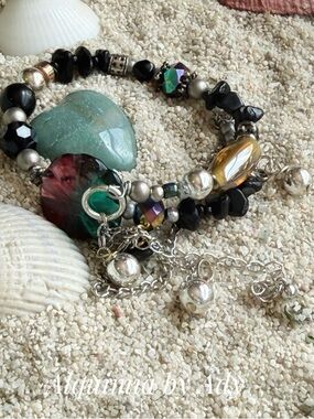 ONYX Black, Green, Amber Multi-Bead Charm Bracelet